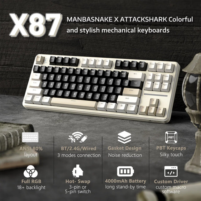 ATTACK SHARK X87 Tri-Mode Gasket Mechanical Keyboard – 80% Wireless (Bluetooth 5.1/2.4GHz) & USB-C Wired, Brand New
