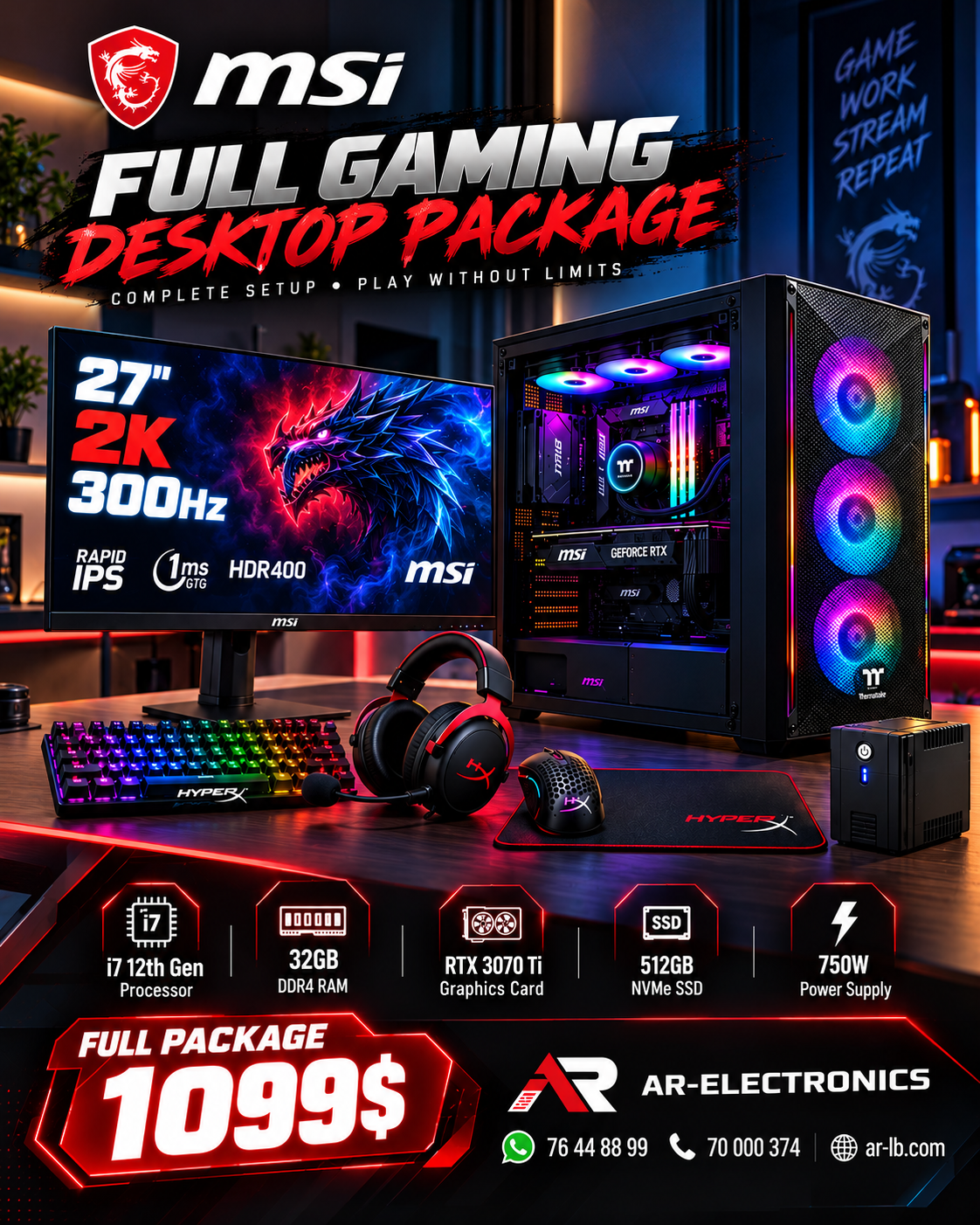 MSI Full Gaming Desktop Package – Core i7 12th Gen, RTX 3070 Ti, 32GB DDR4, 512GB NVMe SSD, 27" 2K 300Hz Monitor + HyperX Accessories + UPS, Used