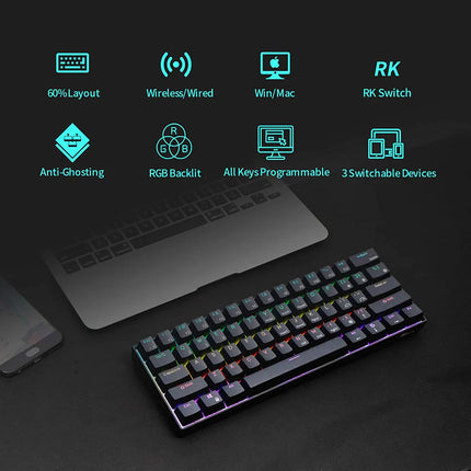 RK ROYAL KLUDGE RK61 RGB Triple Mode BT5.0/2.4G/USB-C 60% Hot-swappable Switches Mechanical Gaming Keyboard - Black
