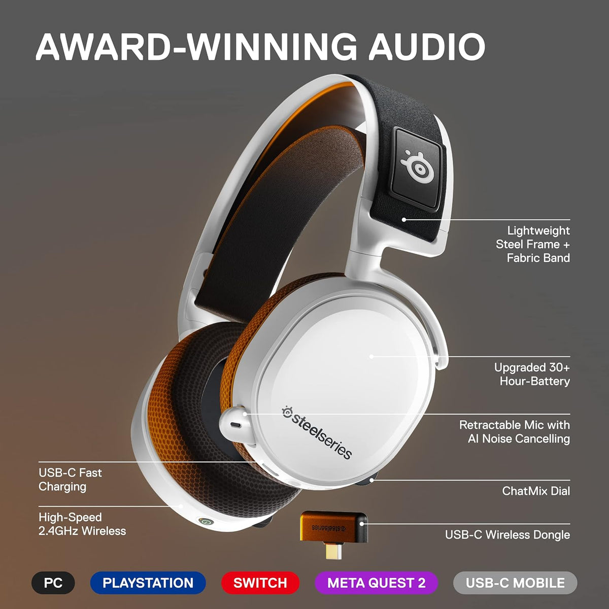 SteelSeries Arctis 7+ Wireless Gaming Headset White – 2.4GHz USB-C Wireless, 30h Battery, PC/PS/Switch/Mac/Android, Open Box