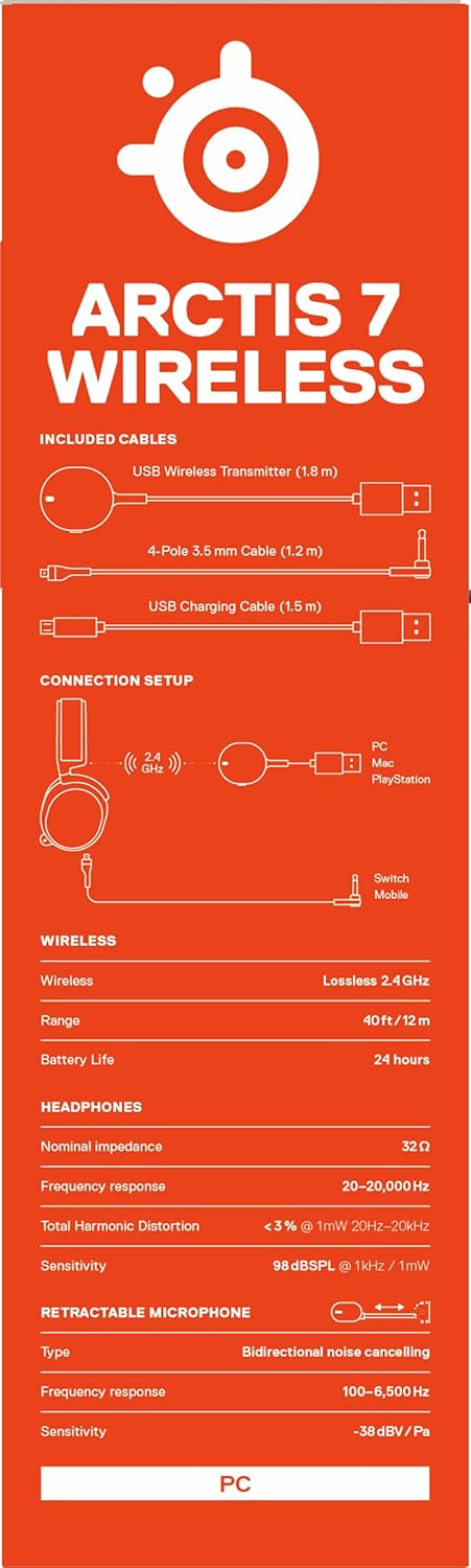 SteelSeries Arctis 7 Wireless Gaming Headset Black – 2.4GHz Lossless Wireless, 24h Battery, ClearCast Mic, DTS 7.1, Open Box