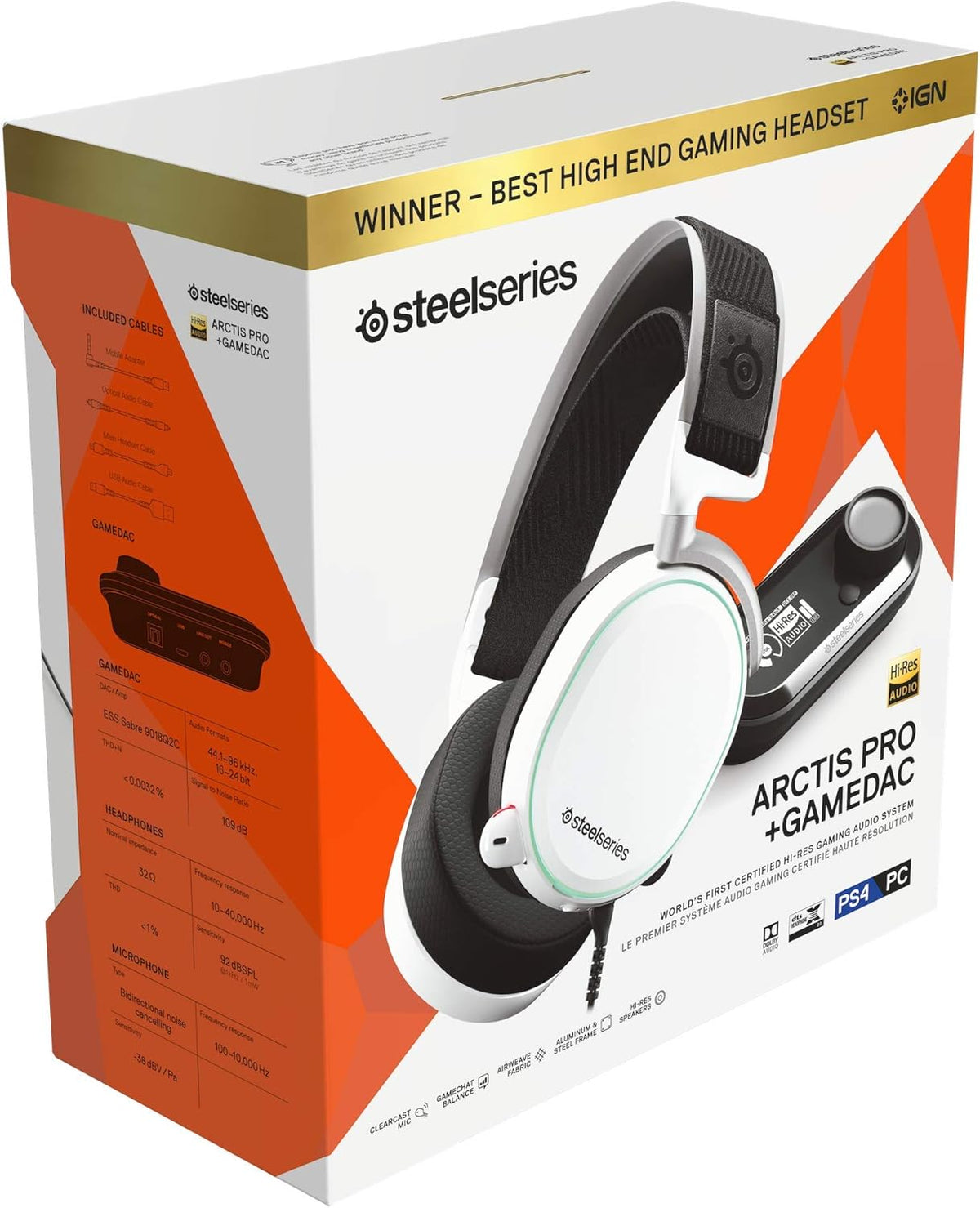 SteelSeries Arctis Pro Wired Gaming Headset + GameDAC White – Hi-Res Audio, ESS Sabre DAC, DTS 7.1, RGB, Open Box