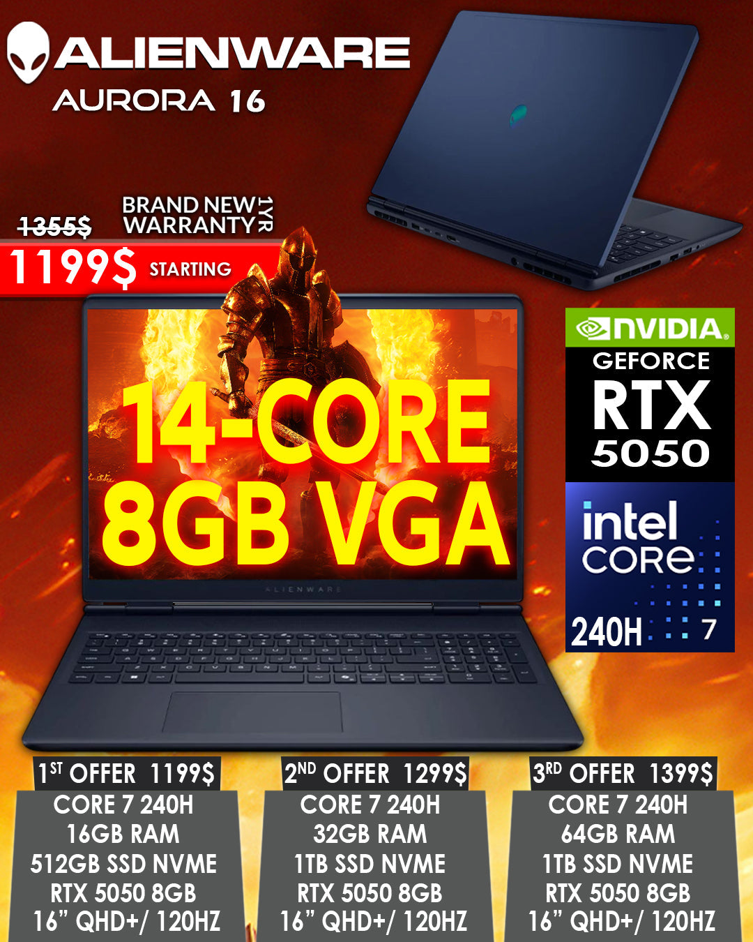 Alienware Aurora 16 Gaming Laptop – Core 7 240H, RTX 5050 8GB, 16GB/32GB/64GB RAM, 512GB/1TB NVMe SSD, 16″ QHD+ 120Hz, Brand New