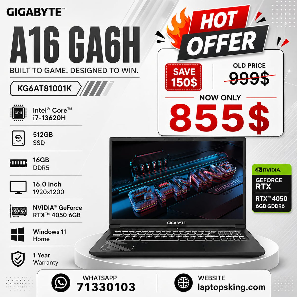 Gigabyte A16 GA6H KG6AT81001K Gaming Laptop – Core i7-13620H, RTX 4050 6GB, 16GB DDR5, 512GB NVMe SSD, 16″ WUXGA, Brand New