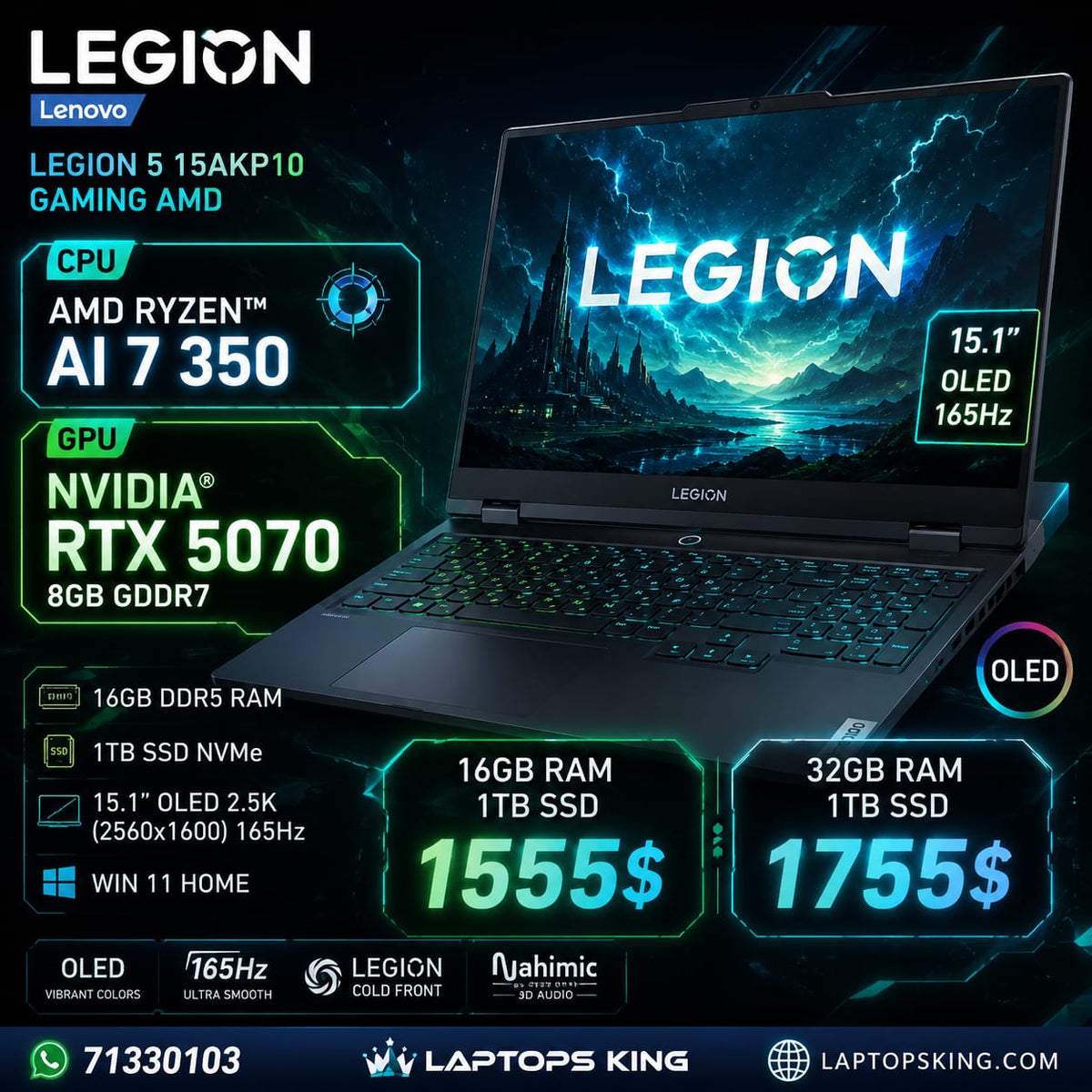 Lenovo Legion 5 15AKP10 Gaming Laptop – Ryzen AI 7 350, RTX 5070 8GB, 16GB/32GB RAM, 1TB SSD, 15.1″ 2.5K OLED 165Hz, New Open Box