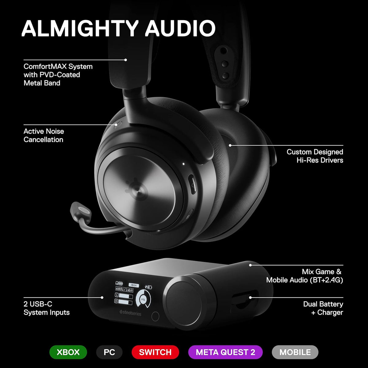 SteelSeries Arctis Nova Pro Wireless Gaming Headset for Xbox Black – Active Noise Cancellation, Hot-Swap Dual Battery, Base Station, Open Box