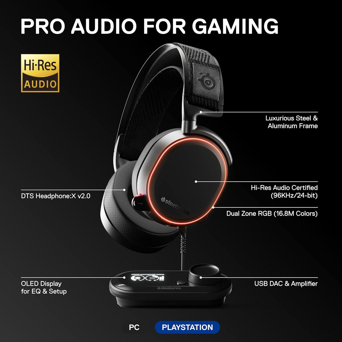 SteelSeries Arctis Pro Wired Gaming Headset + GameDAC Black – Hi-Res Audio, ESS Sabre DAC, DTS 7.1, RGB, Open Box
