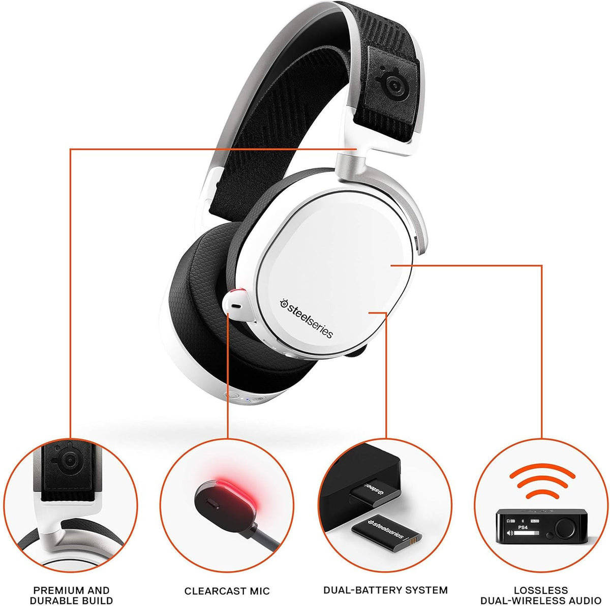 SteelSeries Arctis Pro Wireless Gaming Headset White – Dual Wireless 2.4GHz + Bluetooth, Hot-Swap Batteries, Hi-Res, Open Box