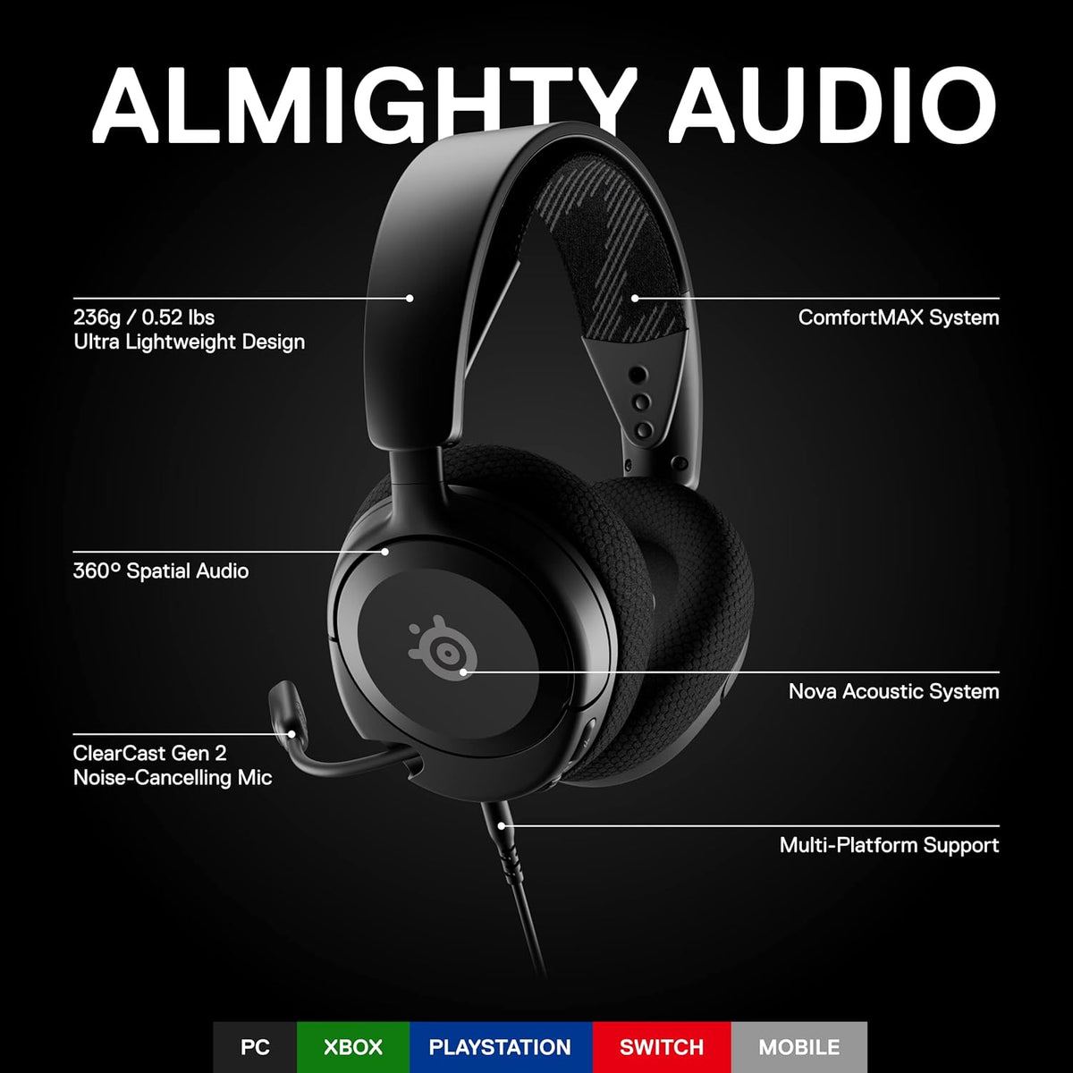 SteelSeries Arctis Nova 1 Wired Gaming Headset Black – Multi-Platform 3.5mm, ComfortMAX, Noise-Cancelling Mic, Open Box