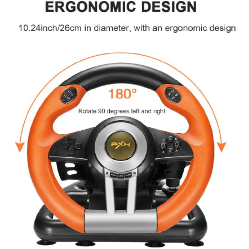 PXN V3 Pro 180 Degree Steering Wheel with Pedals, Vibration Feedback fot for PC, PS3, PS4, Xbox One & Series XS, Nintedno Switch - Orange