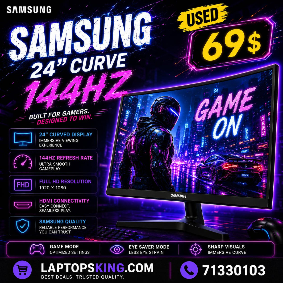Samsung 24″ Curved Gaming Monitor – Full HD, 144Hz, Used