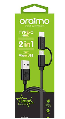 Oraimo, Gemini OCD-D102, Cable Micro USB & Type-C 2 In 1 Charging Cable - Black