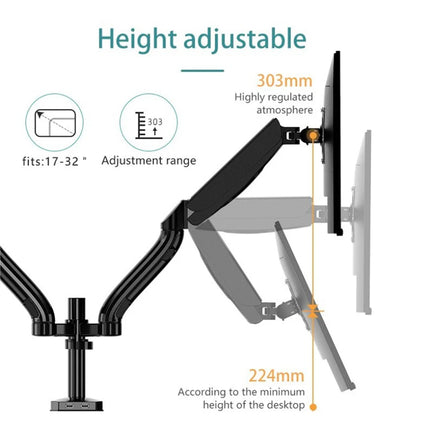 Kaloc DS902 Adjustable Dual Monitor Arm with Internal Gas Spring – Supports 17" to 27" Screens, Easy Adjustment for Comfort and Organization