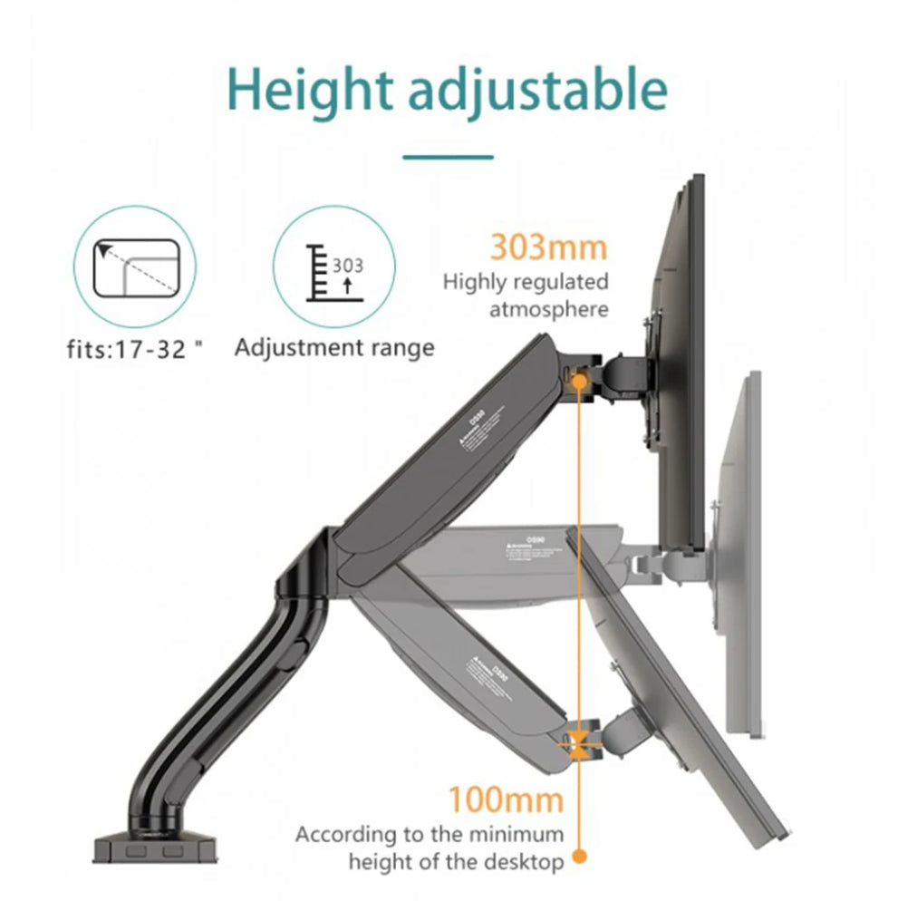 KALOC DS90 Adjustable Monitor Arm with Gas Spring for 17" - 32" Screens | Ergonomic Height & Cable Management