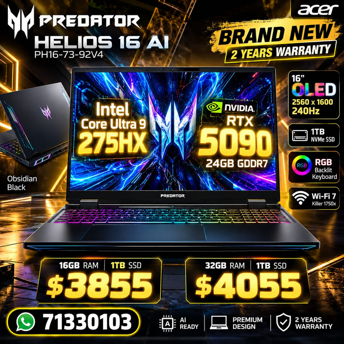 Acer Predator Helios 16 AI PH16-73-92V4 Gaming Laptop – Core Ultra 9 275HX, RTX 5090 24GB, 16GB/32GB RAM, 1TB NVMe SSD, 16″ OLED 240Hz, Brand New