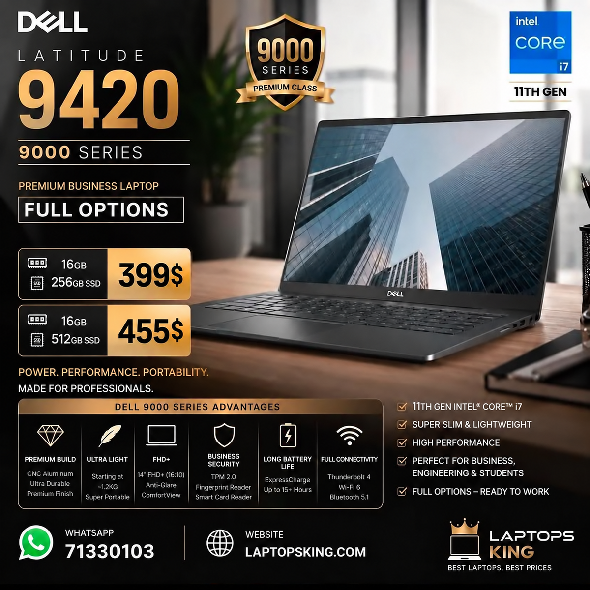Dell Latitude 9420 2-in-1 Laptop – Core i7 11th Gen, 16GB RAM, 256GB/512GB NVMe SSD, 14″ FHD+ Touchscreen, New Open Box