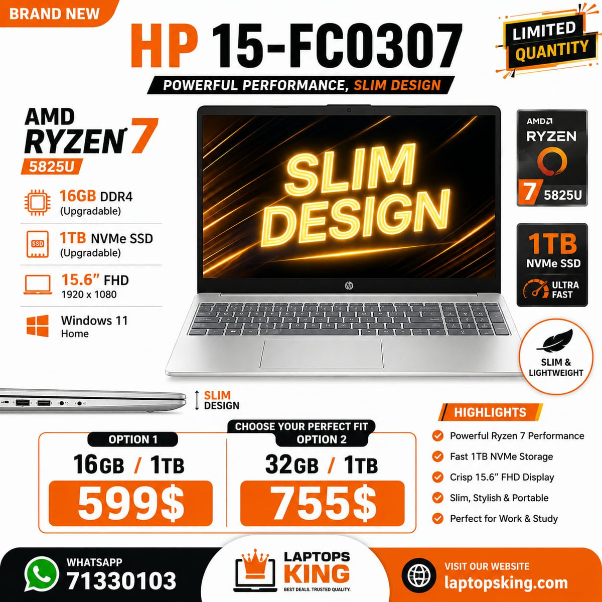 HP 15-fc0307dx Laptop – Ryzen 7 5825U, 16GB/32GB RAM, 1TB NVMe SSD, 15.6″ FHD, Brand New