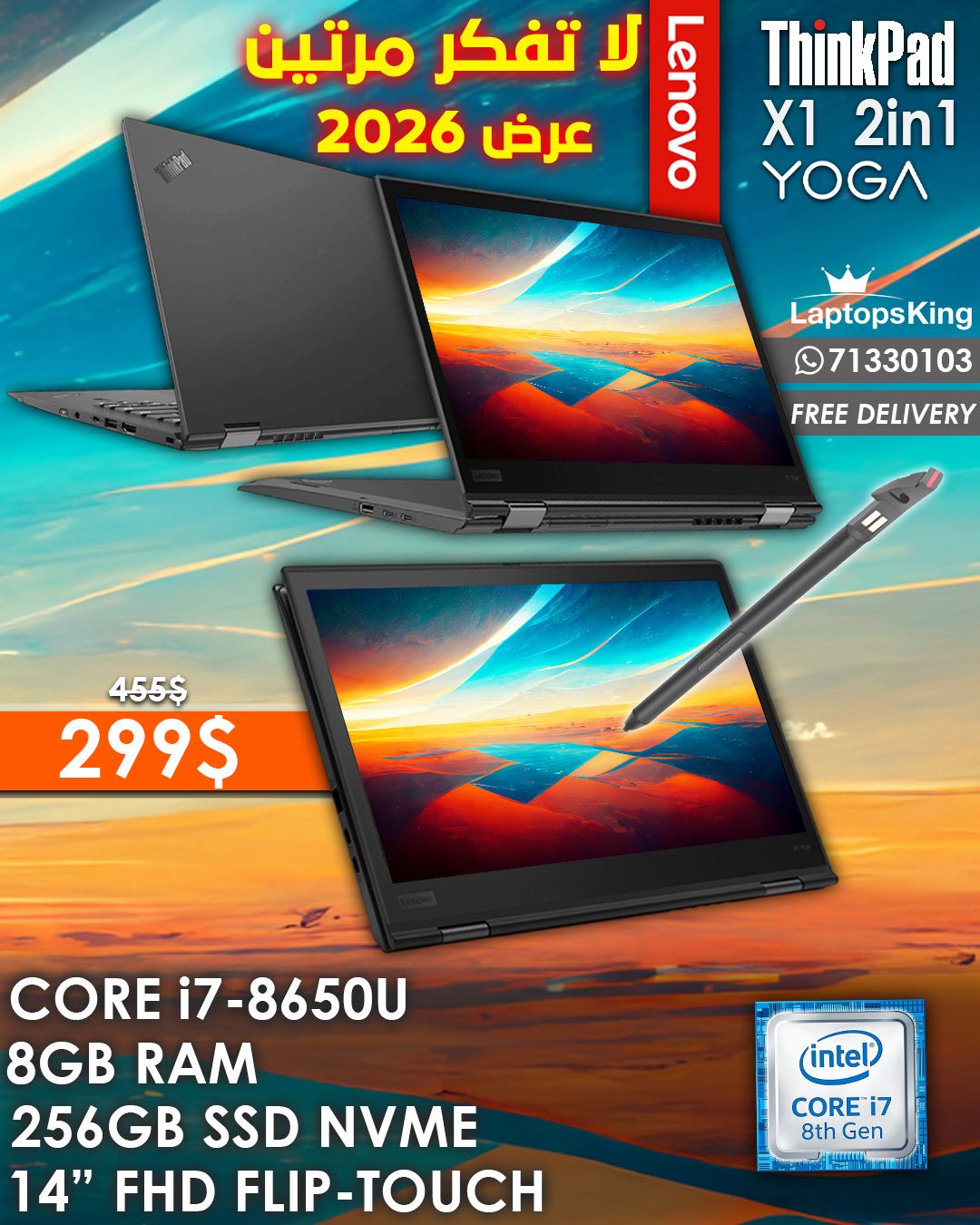 Lenovo ThinkPad X1 Yoga Gen 3 2-in-1 Laptop – Core i7-8650U, 8GB RAM, 256GB NVMe SSD, 14″ FHD Touchscreen, New Open Box