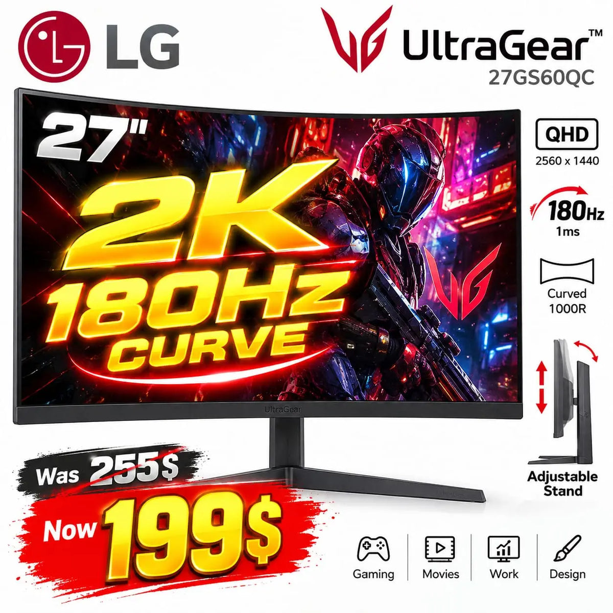 LG UltraGear 27GS60QC Curved Gaming Monitor – 27″ 2K QHD, 180Hz, 1ms, Brand New