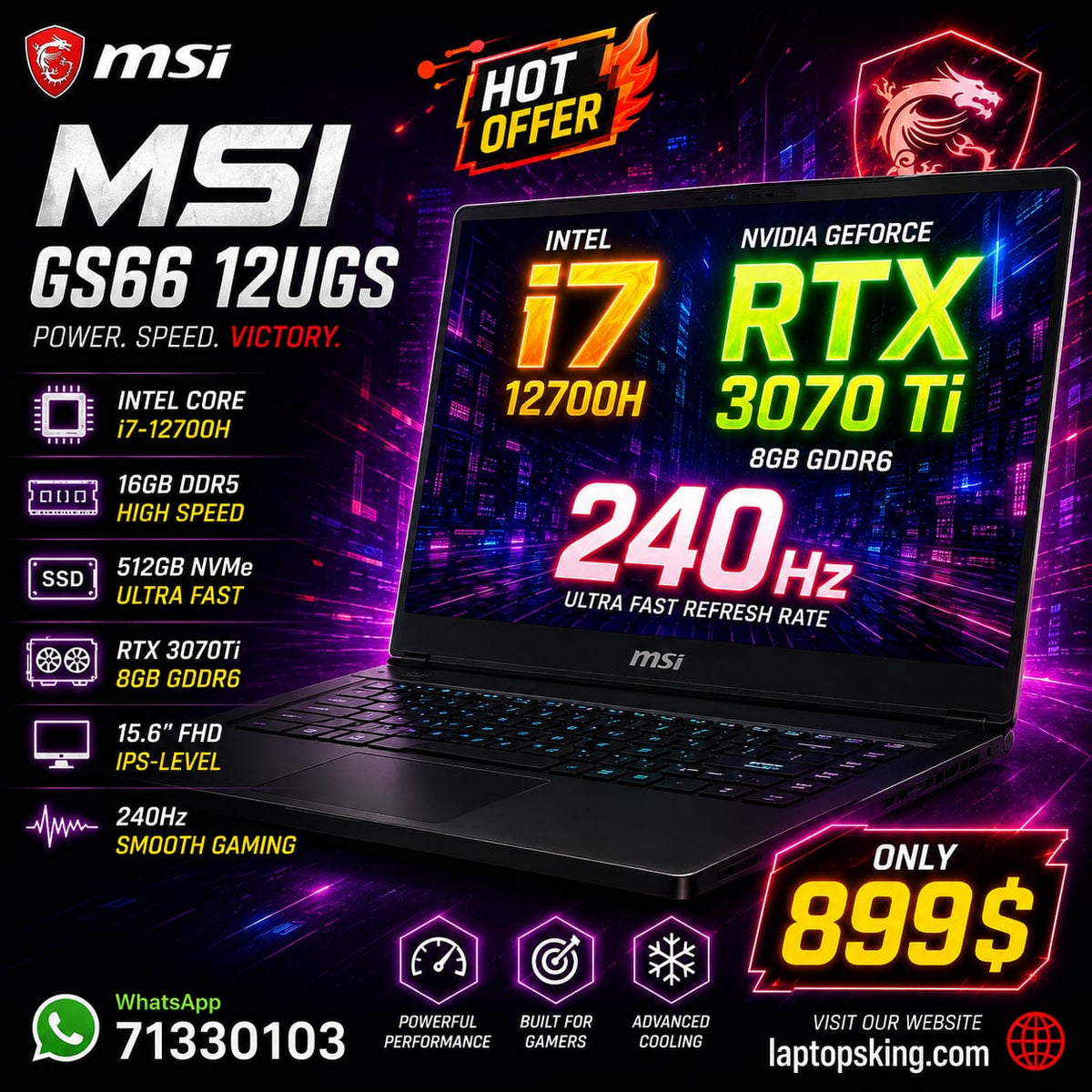 MSI Stealth GS66 12UGS Gaming Laptop – Core i7-12700H, RTX 3070 Ti 8GB, 16GB/32GB RAM, 512GB/1TB SSD, 15.6″ FHD 240Hz, New Open Box