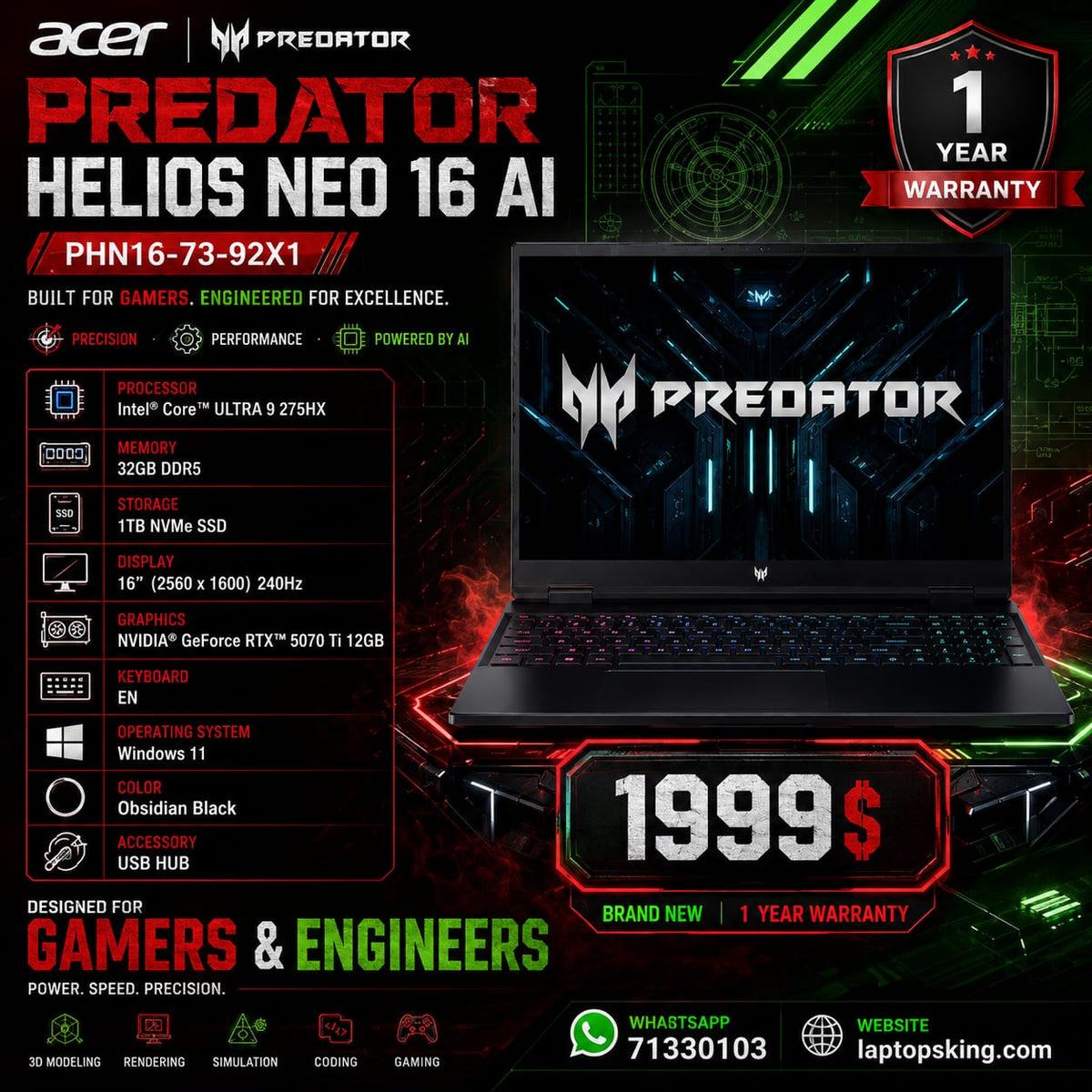 Acer Predator Helios Neo 16 AI PHN16-73-92X1 Gaming Laptop – Core Ultra 9 275HX, RTX 5070 Ti 12GB, 32GB DDR5, 1TB NVMe SSD, 16″ 2.5K 240Hz, Brand New