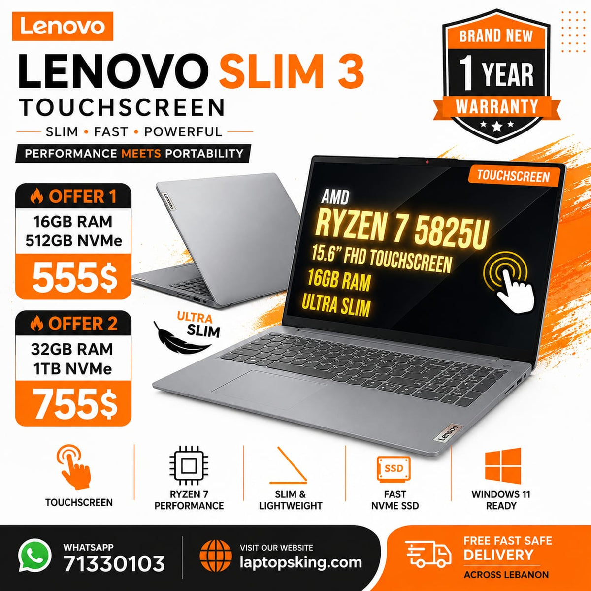 Lenovo IdeaPad Slim 3 15ABR8 Laptop – Ryzen 7 5825U, 16GB/32GB RAM, 512GB/1TB NVMe SSD, 15.6″ FHD Touchscreen, Brand New