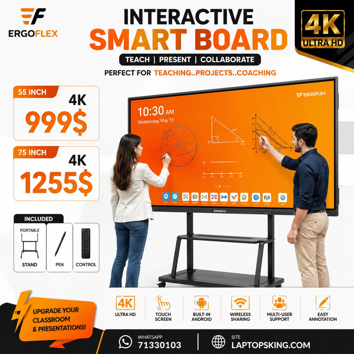 ERGOFLEX 4K Interactive Smart Board 75″ – 4K UHD Touch Display, Portable Stand, Smart Pen & Remote, Brand New