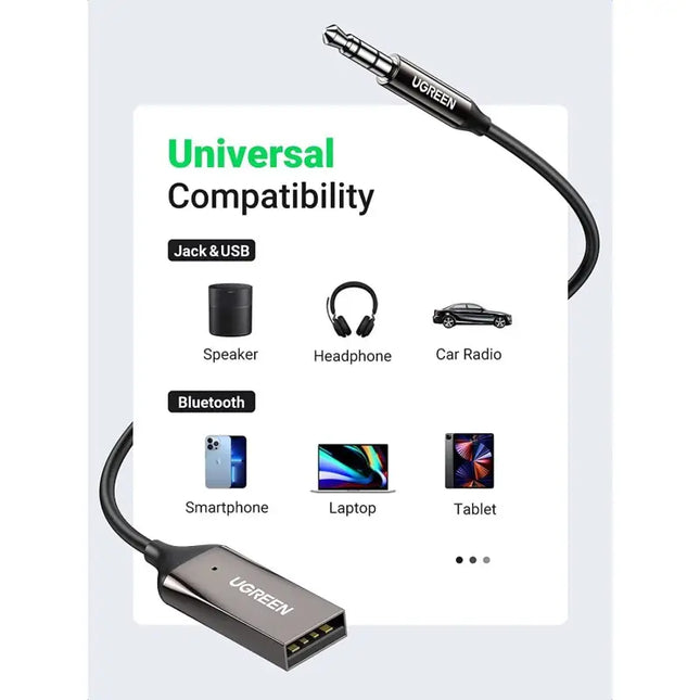 UGREEN AUX TO BLUETOOTH 5.0 ADAPTER FOR CAR AND SPEAKER, WITH MIC - CM309 70601